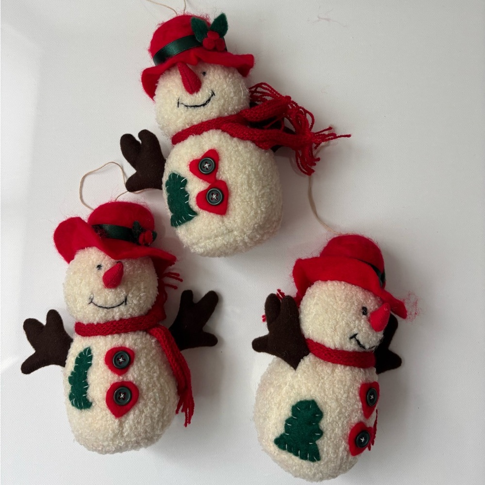 3 Vintage Plush Snowman Ornaments - Red and Off White Cottagecore Christmas